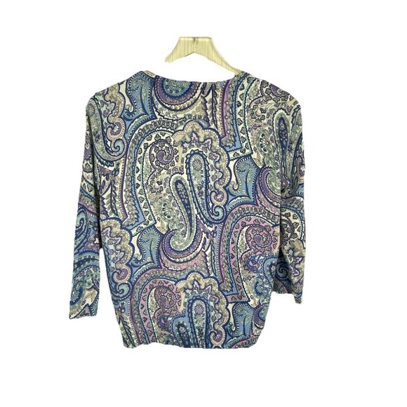 Talbots Size L Blue Purple Paisley Print Button Front Cardigan Sweater 3/4 Slv - Picture 2 of 6
